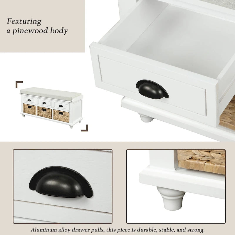 Banc de rangement avec 3 tiroirs et 3 paniers en rotin pour entrée et salon