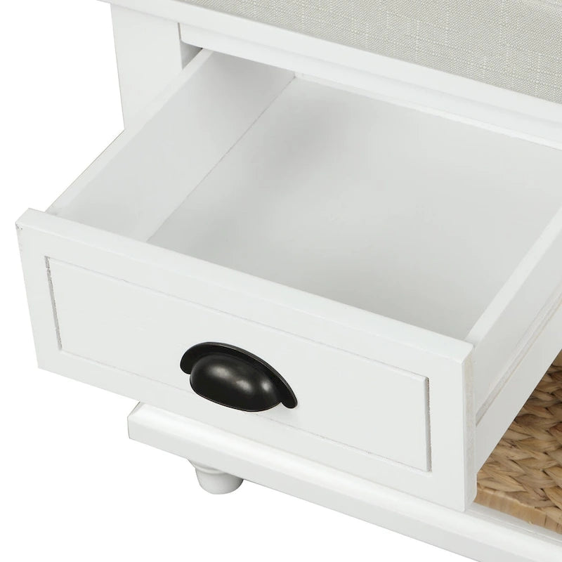 Banc de rangement avec 3 tiroirs et 3 paniers en rotin pour entrée et salon
