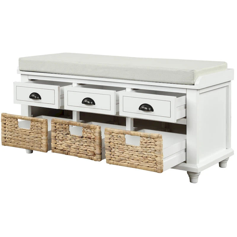 Banc de rangement avec 3 tiroirs et 3 paniers en rotin pour entrée et salon