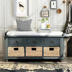 Banc de rangement avec 3 tiroirs et 3 paniers en rotin pour entrée et salon