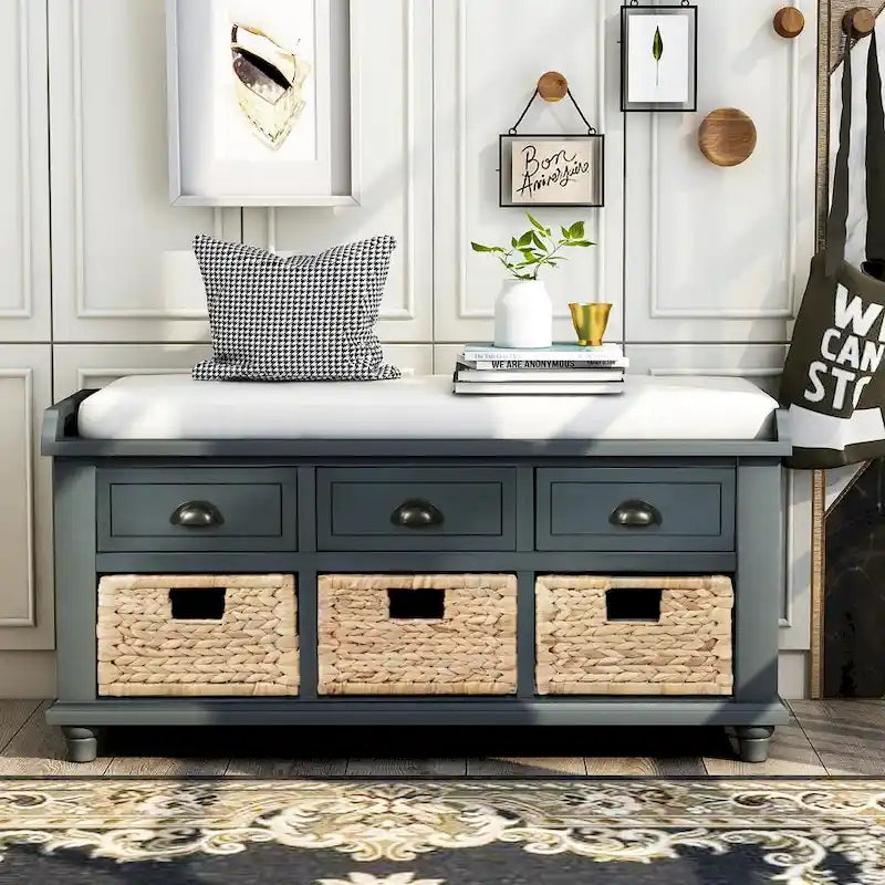 Banc de rangement avec 3 tiroirs et 3 paniers en rotin pour entrée et salon