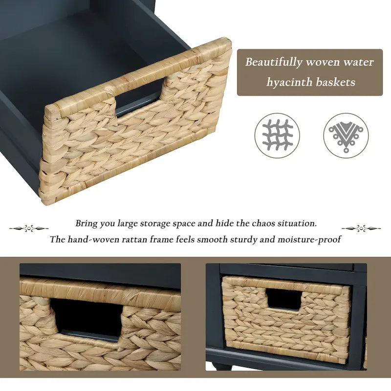Banc de rangement avec 3 tiroirs et 3 paniers en rotin pour entrée et salon