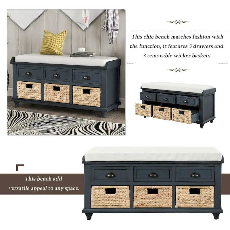 Banc de rangement avec 3 tiroirs et 3 paniers en rotin pour entrée et salon
