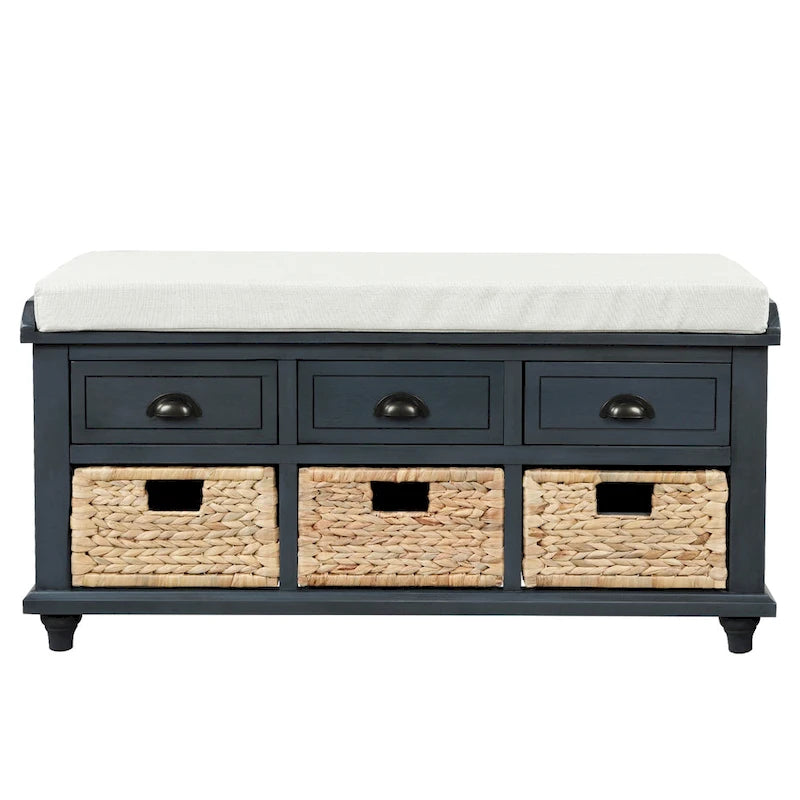 Banc de rangement avec 3 tiroirs et 3 paniers en rotin pour entrée et salon