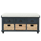 Banc de rangement avec 3 tiroirs et 3 paniers en rotin pour entrée et salon