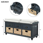 Banc de rangement avec 3 tiroirs et 3 paniers en rotin pour entrée et salon