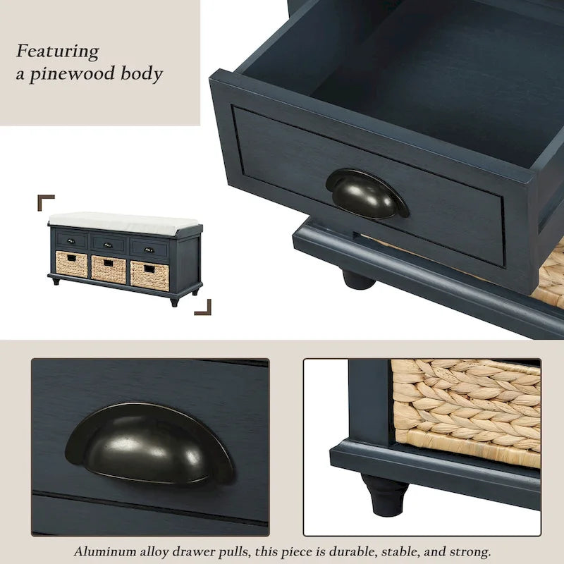 Banc de rangement avec 3 tiroirs et 3 paniers en rotin pour entrée et salon