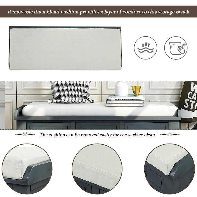 Banc de rangement avec 3 tiroirs et 3 paniers en rotin pour entrée et salon