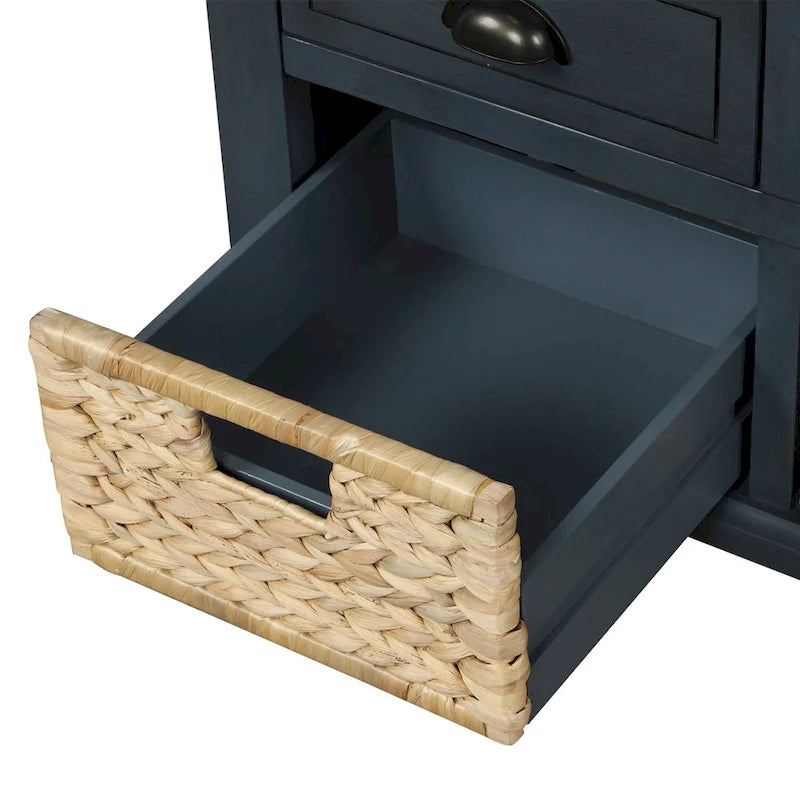Banc de rangement avec 3 tiroirs et 3 paniers en rotin pour entrée et salon