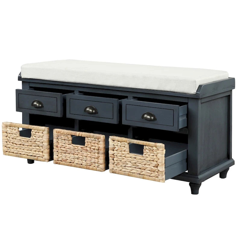 Banc de rangement avec 3 tiroirs et 3 paniers en rotin pour entrée et salon