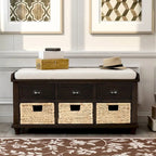 Banc de rangement avec 3 tiroirs et 3 paniers en rotin pour entrée et salon
