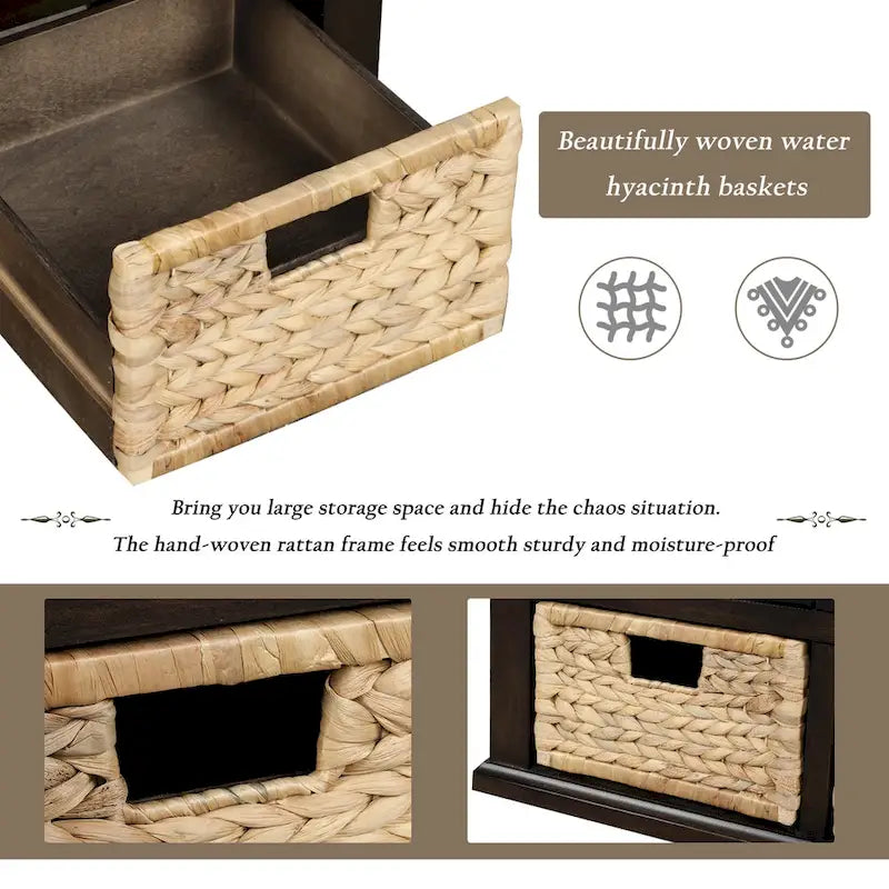 Banc de rangement avec 3 tiroirs et 3 paniers en rotin pour entrée et salon