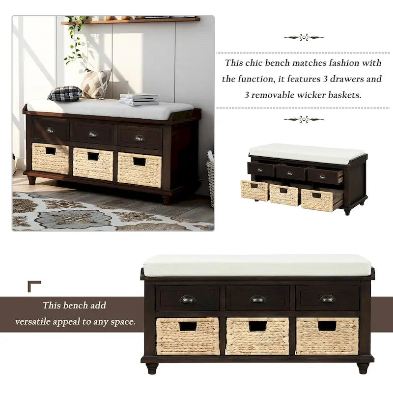 Banc de rangement avec 3 tiroirs et 3 paniers en rotin pour entrée et salon
