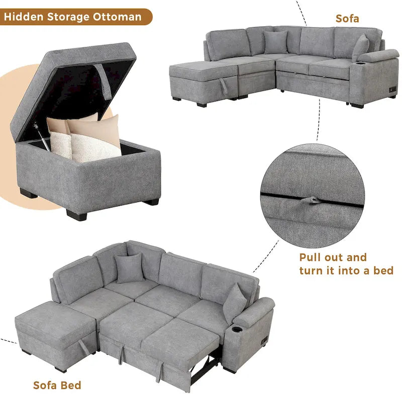 Canapé-lit gigogne 2-en-1 avec pouf de rangement