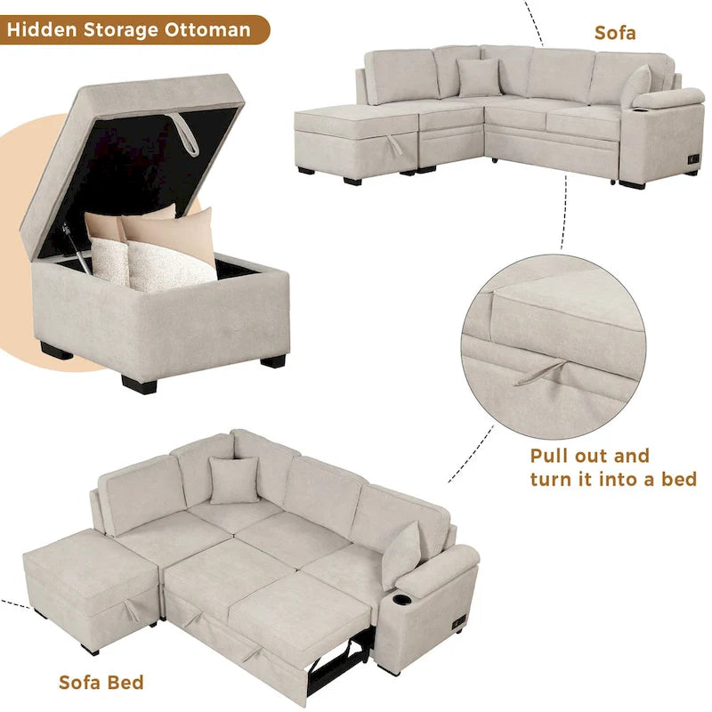 Canapé-lit gigogne 2-en-1 avec pouf de rangement