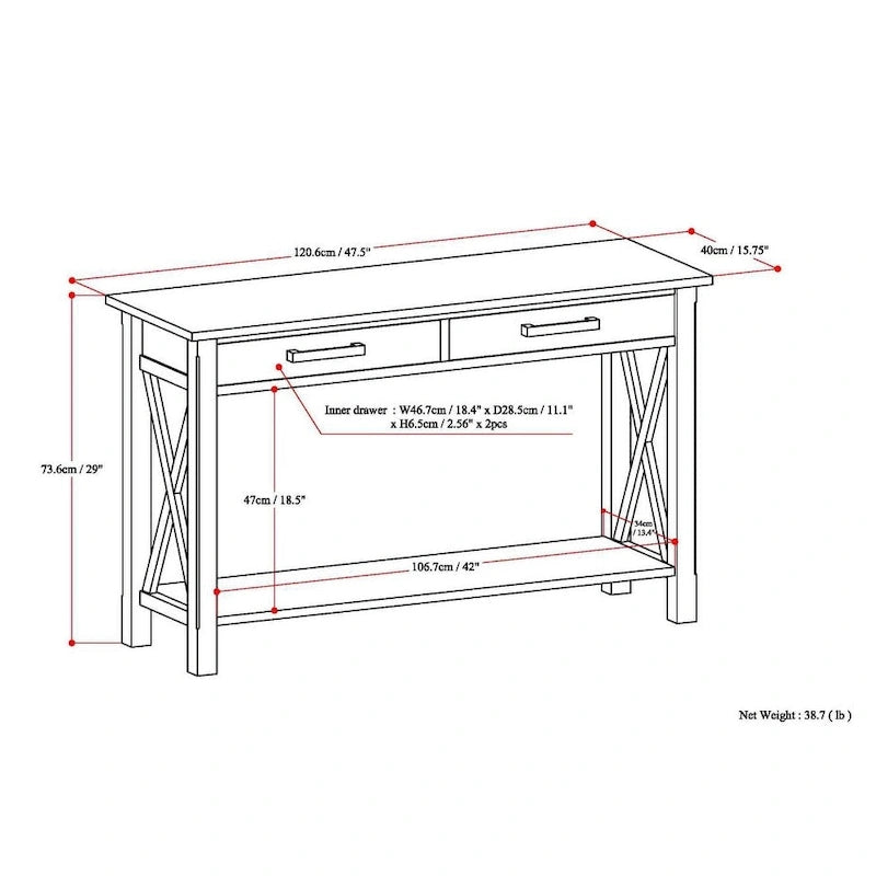 Console/Table basse contemporaine en bois massif de 120 cm de large