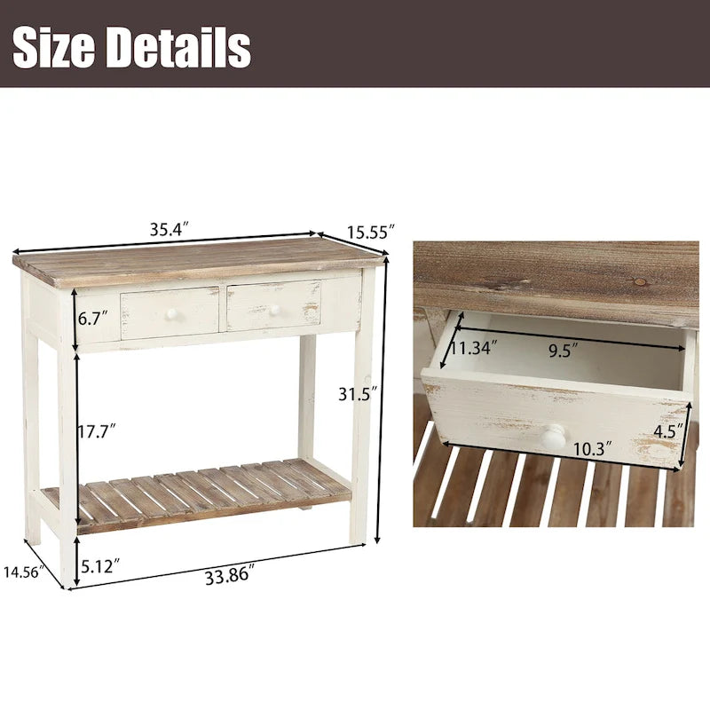 Console en bois à 2 tiroirs avec étagère inférieure