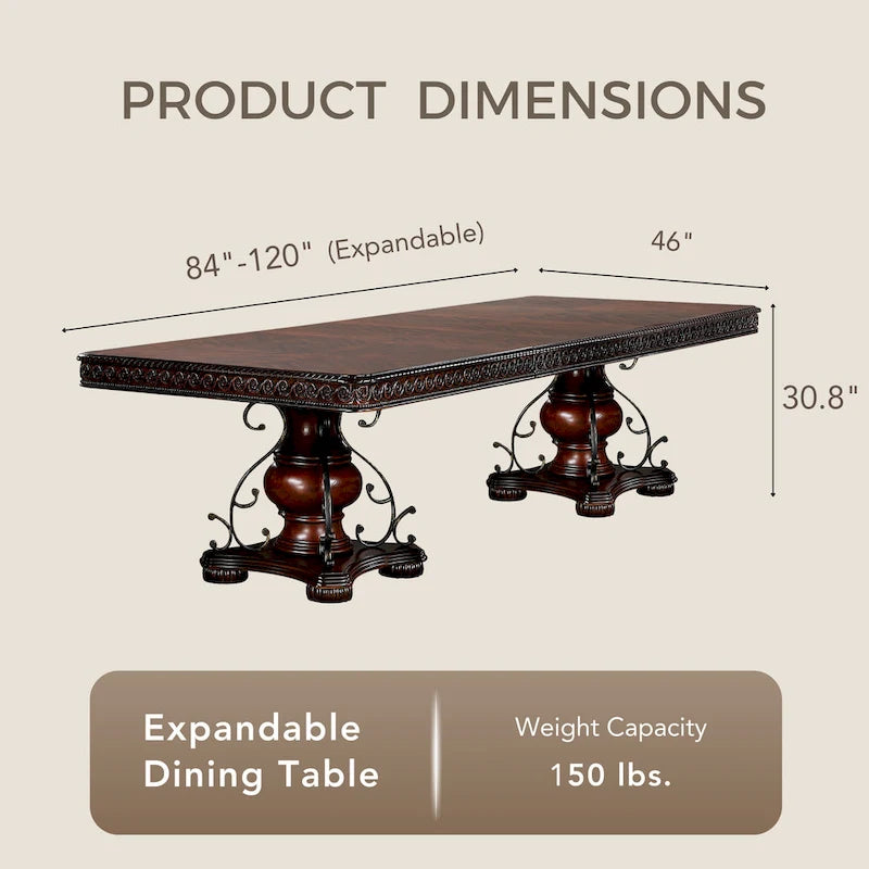 Table à manger traditionnelle en merisier brun de 120 pouces