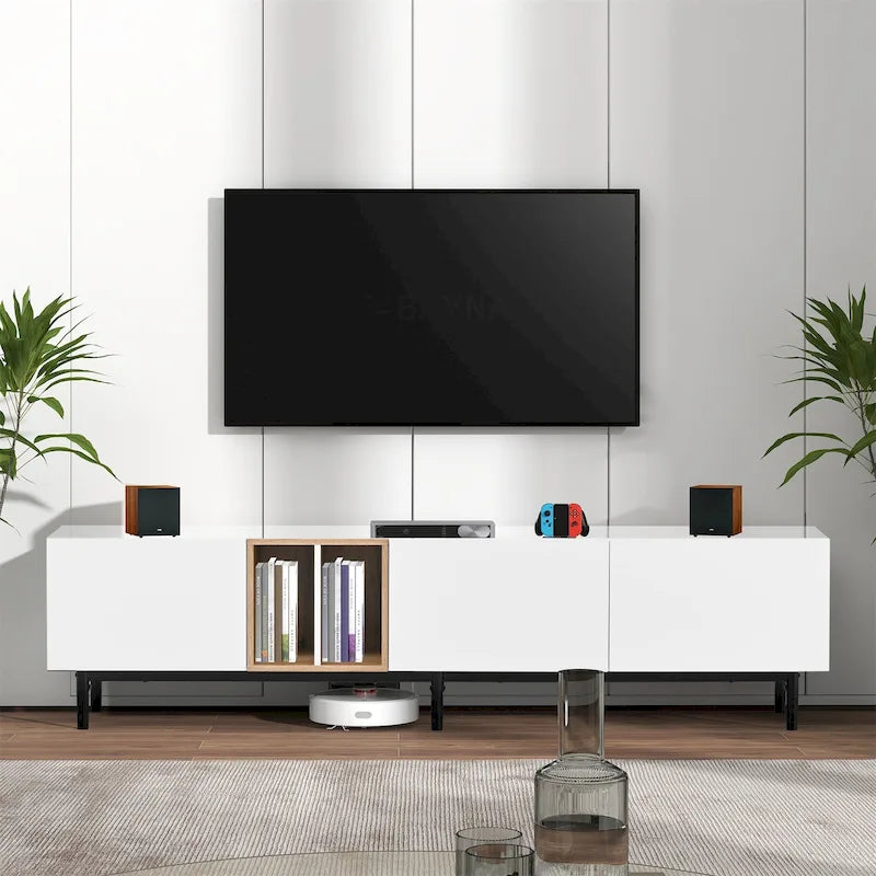 Meuble TV avec 3 portes abattantes et étagères de rangement (jusqu'à 80 pouces)