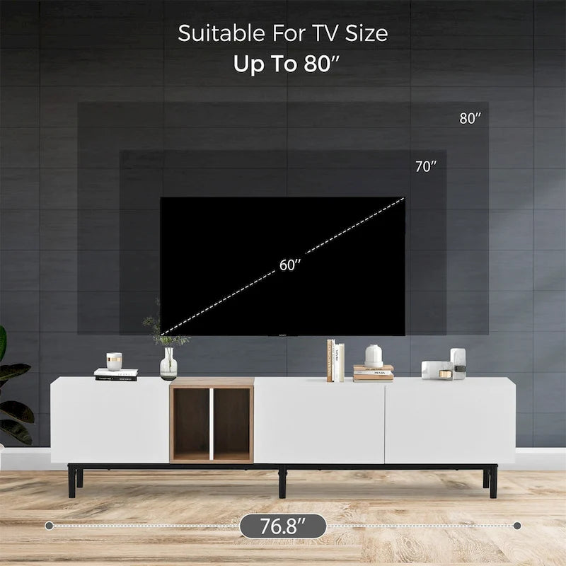 Meuble TV avec 3 portes abattantes et étagères de rangement (jusqu'à 80 pouces)