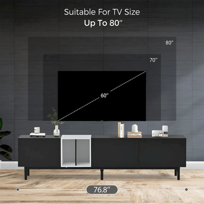 Meuble TV avec 3 portes abattantes et étagères de rangement (jusqu'à 80 pouces)