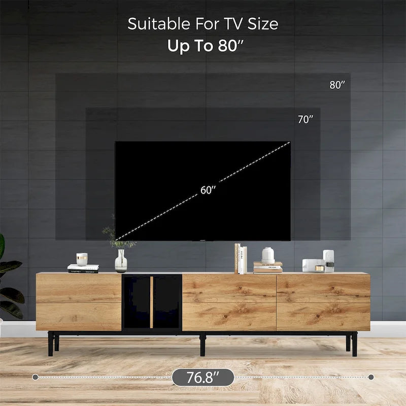 Meuble TV avec 3 portes abattantes et étagères de rangement (jusqu'à 80 pouces)