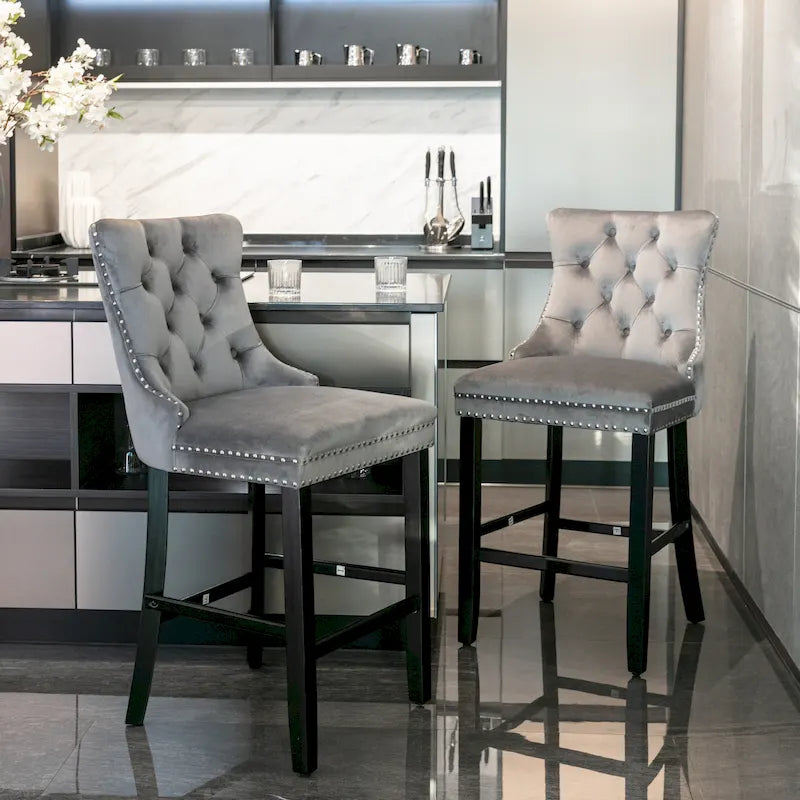 Tabourets de bar carrés en velours avec repose-pieds, lot de 2