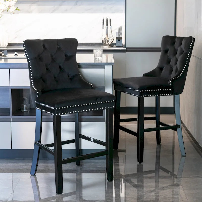 Tabourets de bar carrés en velours avec repose-pieds, lot de 2