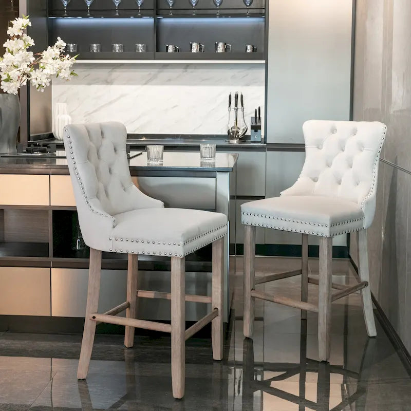 Tabourets de bar carrés en velours avec repose-pieds, lot de 2