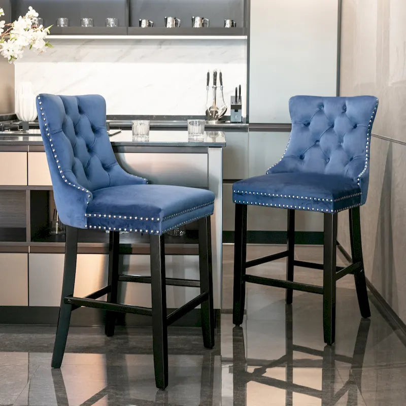 Tabourets de bar carrés en velours avec repose-pieds, lot de 2