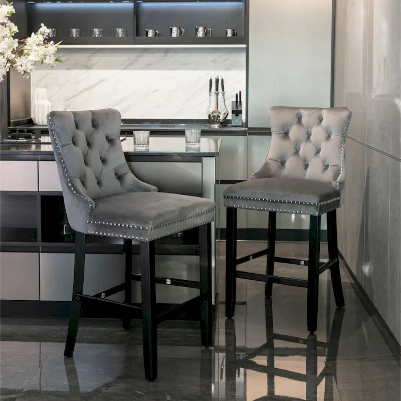 Tabourets de bar carrés en velours avec repose-pieds, lot de 2
