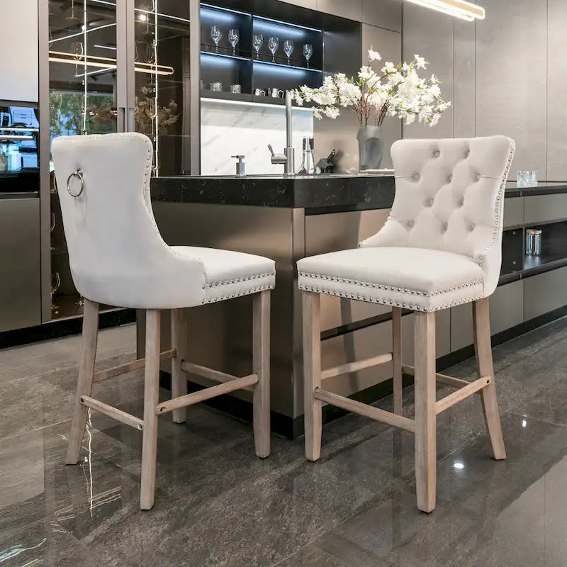 Tabourets de bar carrés en velours avec repose-pieds, lot de 2