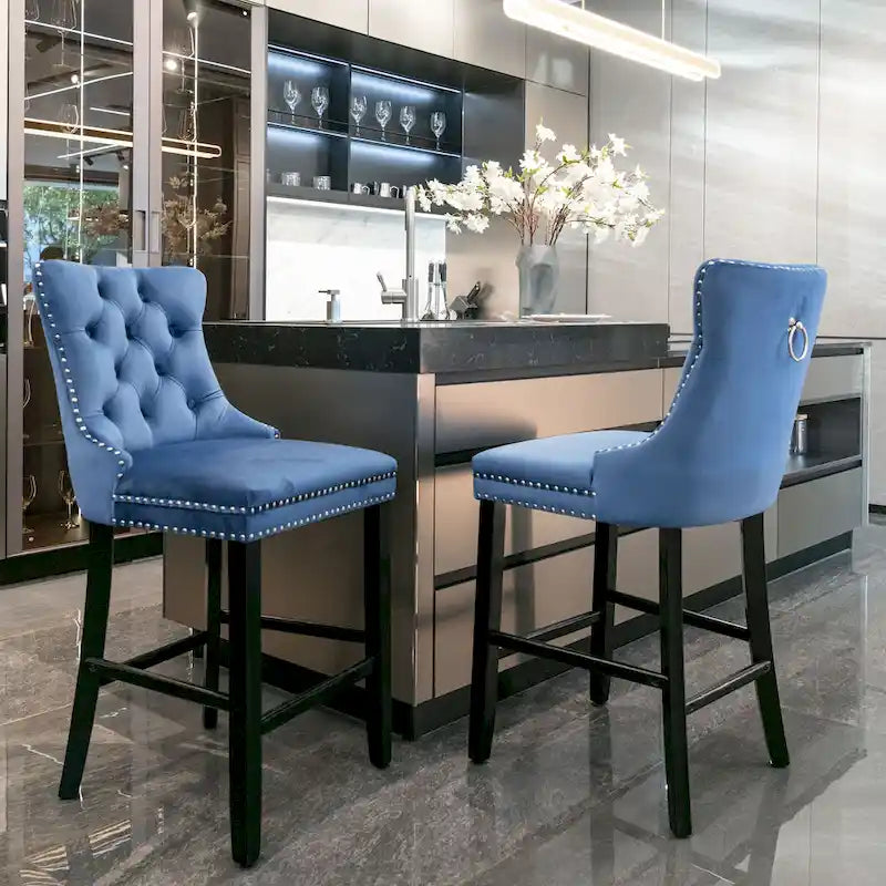 Tabourets de bar carrés en velours avec repose-pieds, lot de 2
