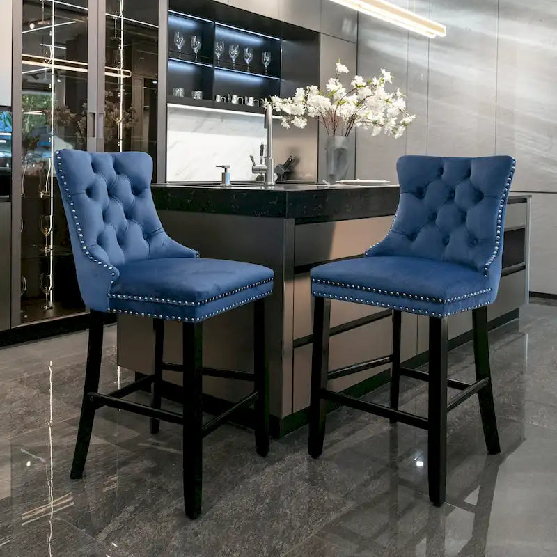 Tabourets de bar carrés en velours avec repose-pieds, lot de 2