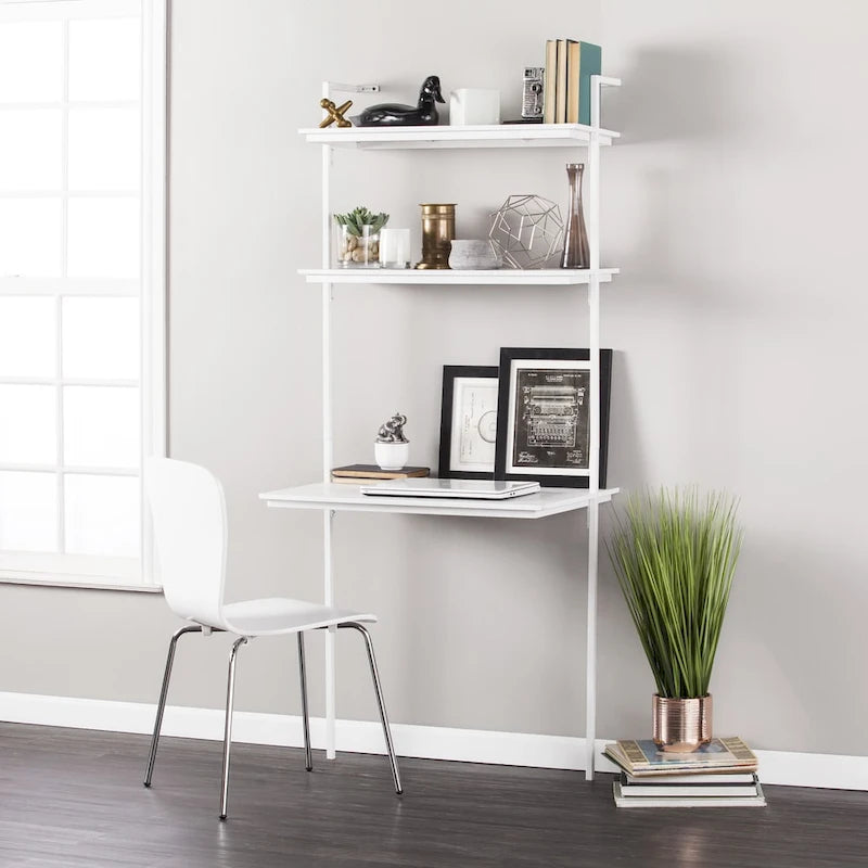 Bureau mural flottant avec étagères - Blanc mat