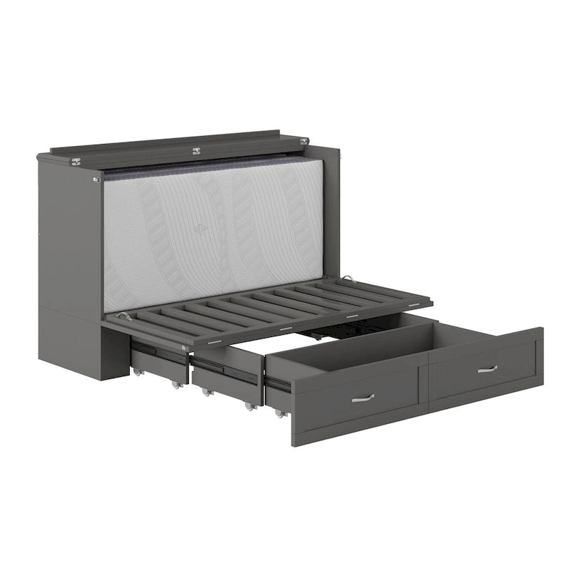 Lit escamotable coffre queen size en bois massif avec matelas en mousse à mémoire de forme
