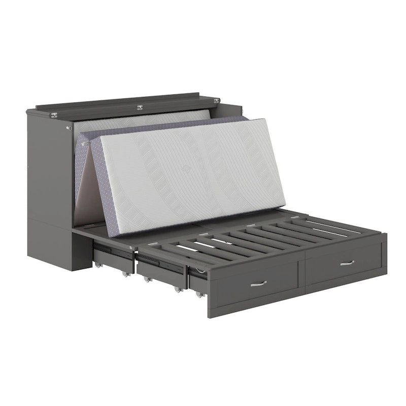 Lit escamotable coffre queen size en bois massif avec matelas en mousse à mémoire de forme