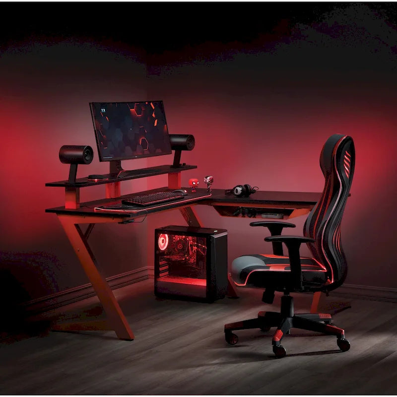 Bureau de jeu en L avec éclairage RGB et hub USB