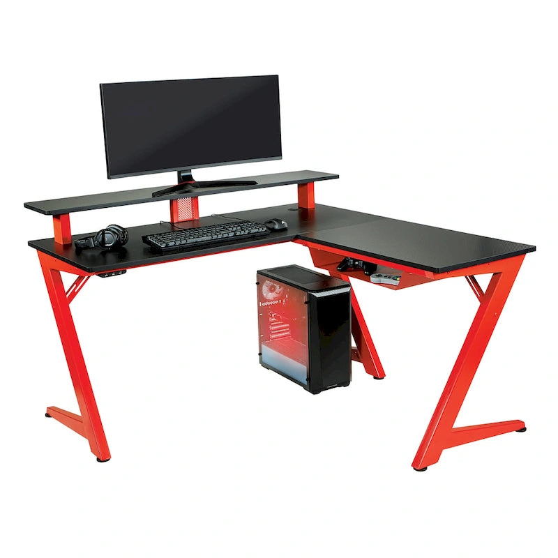 Bureau de jeu en L avec éclairage RGB et hub USB