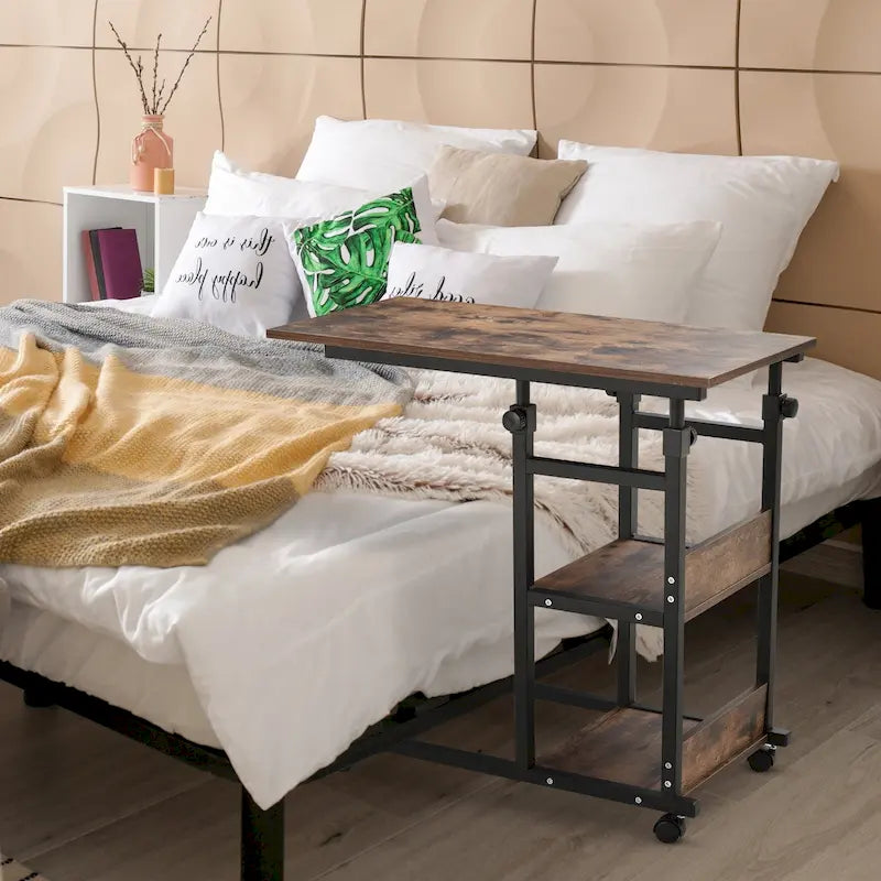 Table d'appoint mobile en forme de C avec 3 étagères de rangement, hauteur réglable et roulettes
