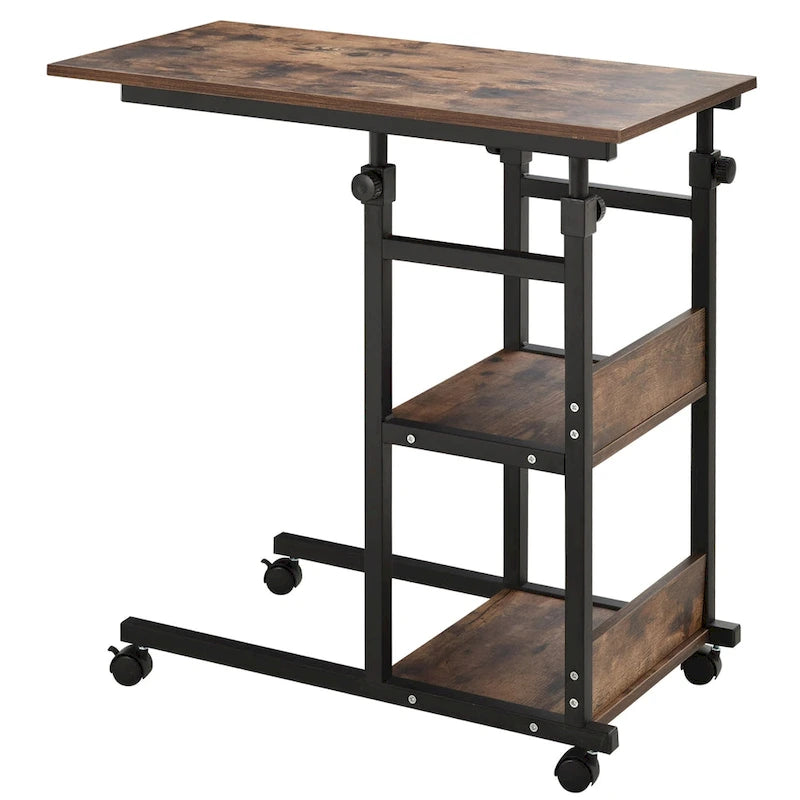 Table d'appoint mobile en forme de C avec 3 étagères de rangement, hauteur réglable et roulettes