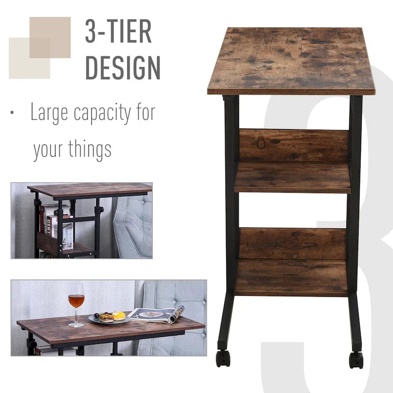 Table d'appoint mobile en forme de C avec 3 étagères de rangement, hauteur réglable et roulettes