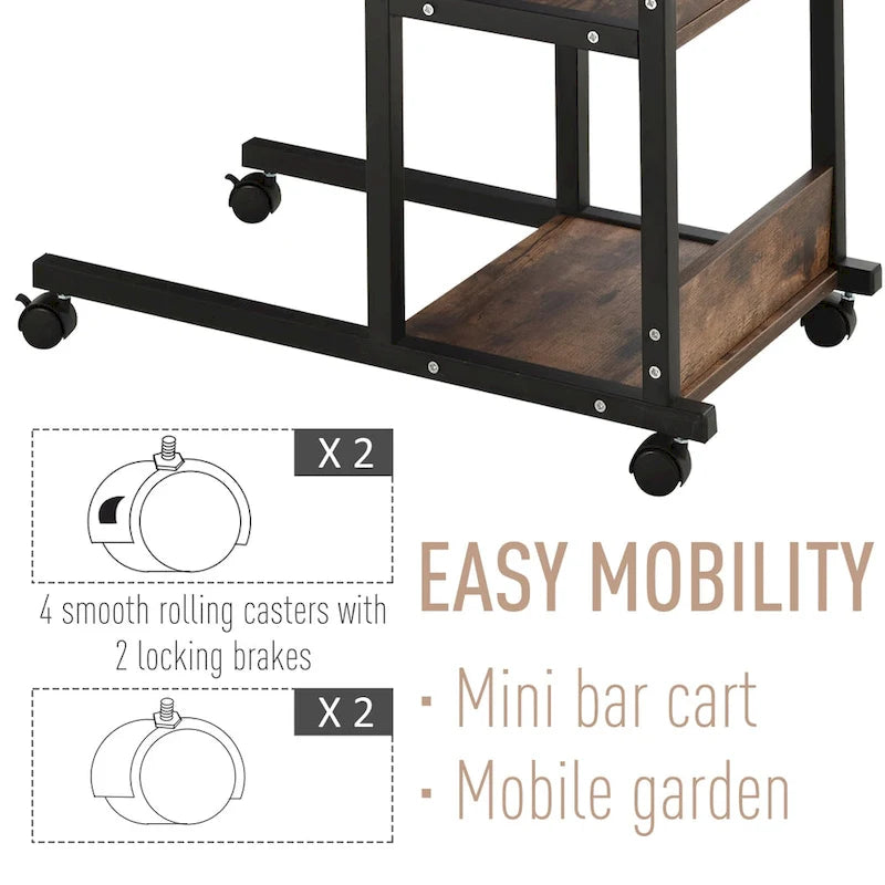 Table d'appoint mobile en forme de C avec 3 étagères de rangement, hauteur réglable et roulettes