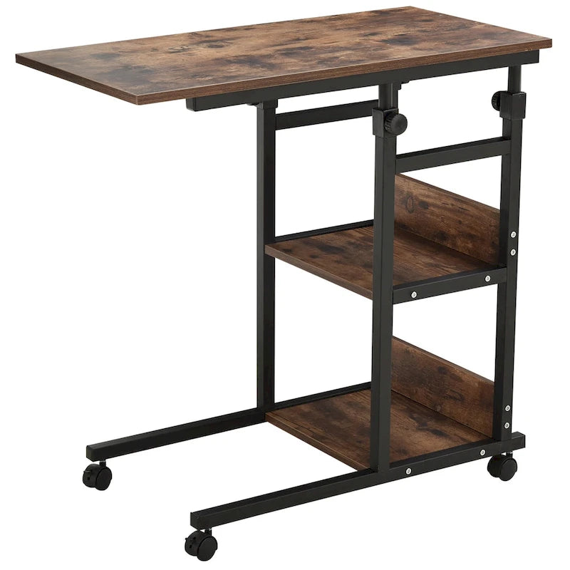 Table d'appoint mobile en forme de C avec 3 étagères de rangement, hauteur réglable et roulettes
