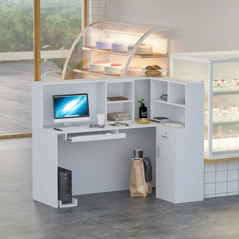 Bureau de réception en bois en L avec tiroir et serrure