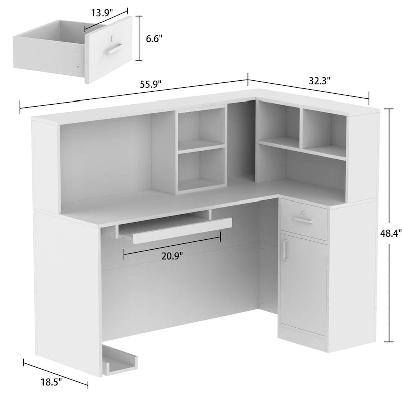 Bureau de réception en bois en L avec tiroir et serrure