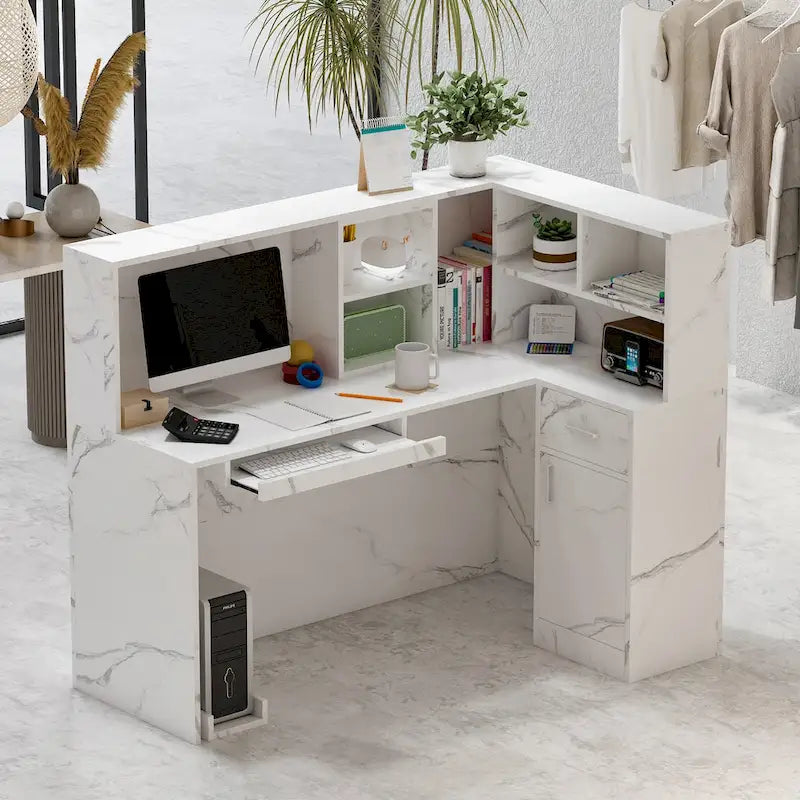 Bureau de réception en bois en L avec tiroir et serrure