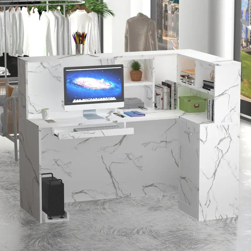 Bureau de réception en bois en L avec tiroir et serrure