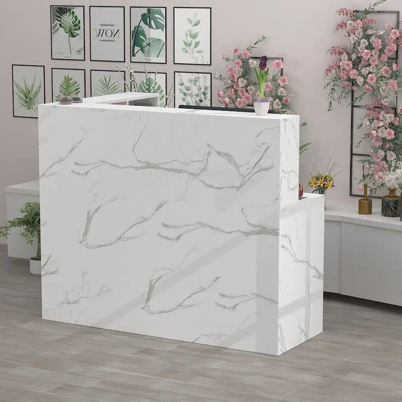 Bureau de réception en bois en L avec tiroir et serrure
