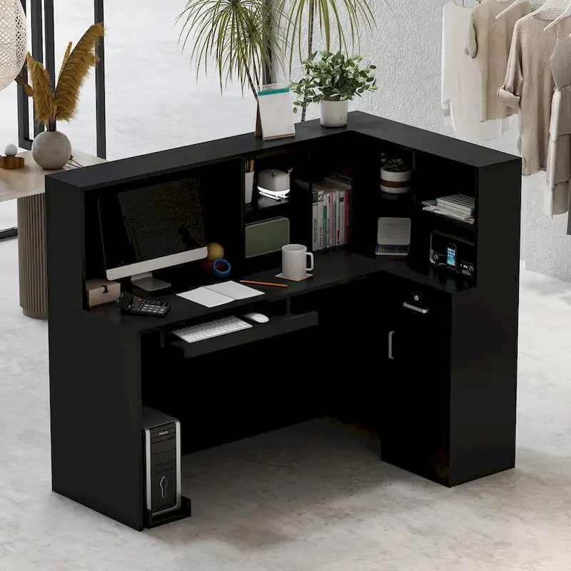 Bureau de réception en bois en L avec tiroir et serrure